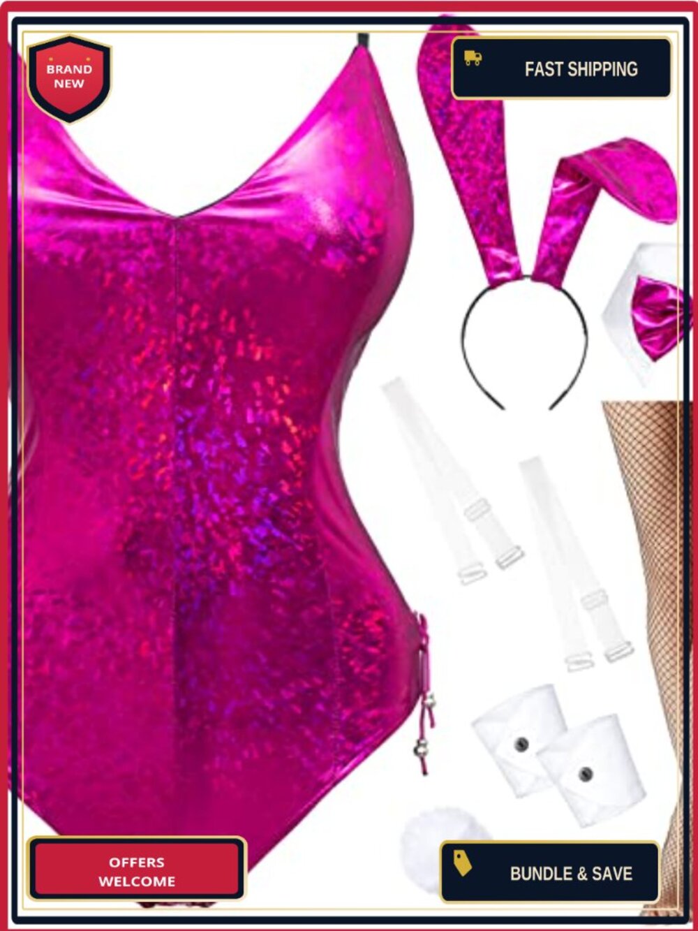 Holographic Bunny Bodysuit Costume Set with Fishnet Tights and Accessories